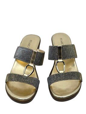 Pesaro Women's Gold, Black & Sparkle Wedges Sandal Shoes Bronze Heel Size 9.5